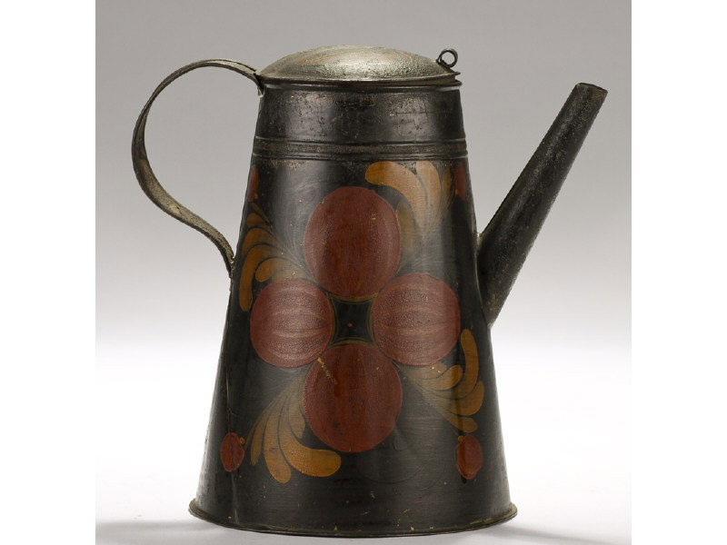 Paint Decorated Pomegranate 19C Tole Coffee Pot: Early 19th Century Paint Decorated Tole Tall Coffee Pot. The exceptional tole coffee pot is decorated with bright red pomegranates and yellow leaves. There is some paint loss, mostly on the spout and