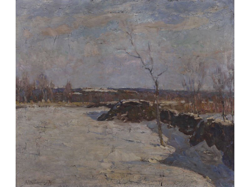 American Landscape Oil Painting - Newcomb Macklin: American Impressionist landscape. Winter Scene". Oil on canvas. Signed illegibly lower left "A.M------". After a bit more research there is a possibility that this painting may have been painted by He