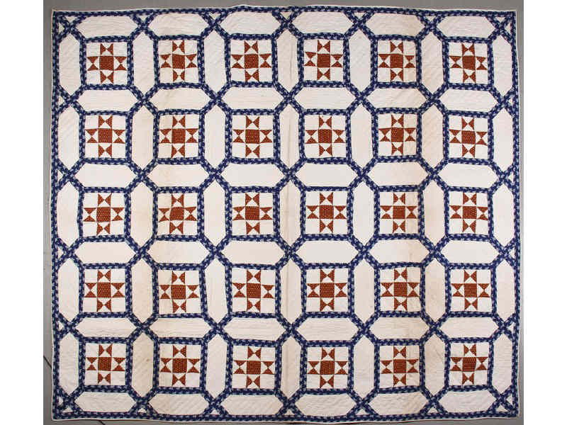 Red White Blue Antique 19C Lattice Quilt Calico: Turkey Red White and Indigo Blue 19th Century Lattice Quilt with One Piece Floral Back. The vibrant and graphic handmade and hand pieced quilt has a tiny calico print back. In very good crisp and unwa