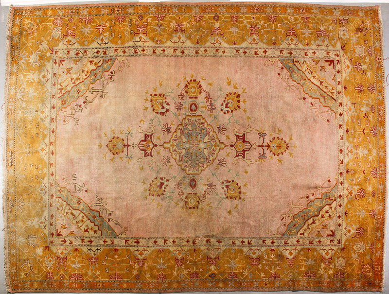 Semi Antique Oushak Oriental Carpet 13'4 x 10' 2"": Semi-Antique Oushak Oriental Rug Carpet. The hand made carpet is in good overall condition with some even wear, mostly in the field and some fading on one end with a few light stains. Measures 13' 4" 
