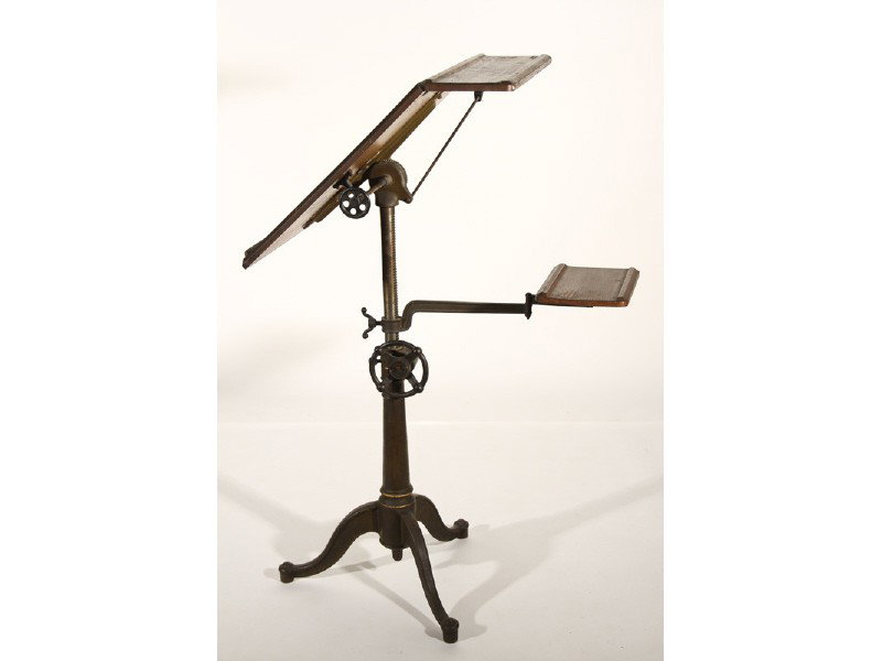 Antique Iron and Oak Adjustable 19C Drafting Table: Adjustable 19th Century Iron and Oak Drafting Table. The cast iron adjustable base has gold pin striping and is complete and in good working order. There is a swing out arm with a oak tray and the top