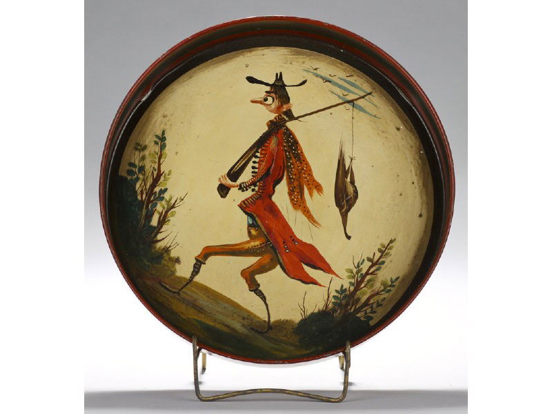 Peter Ompir - FolK Art - Paint Decorated Tin Tray: Signed Peter Ompir Whimsical Paint Decorated Tray with Figure. The tray has a happy hunter walking home with his musket over his shoulder and carrying a pheasant. The tray is in overall good condition