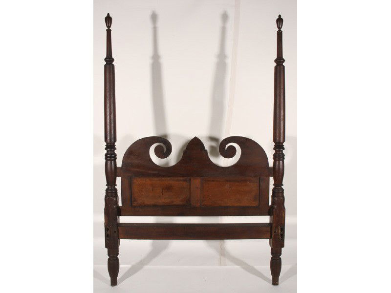 Federal Mahogany 19C Turned Poster Bed: Federal 19th Century Mahogany Turned Poster Bed. The bed has four large turned posts with conforming posts at the foot. The inset panel scrolled headboard has old reglued repairs. In overall good cond