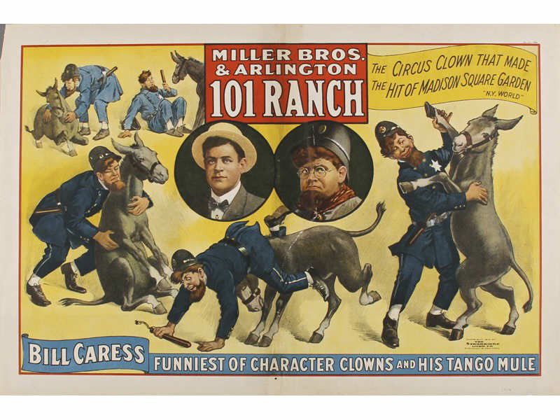 Org Strobridge Litho Tango Mule 1914 Circus Poster: Original 1914 Strobridge Litho Co. Circus Poster. Colorful 101 Ranch poster picturing Bill Caress and his Tango Mule. The 101 Ranch later partnered with Buffalo Bill's Wild West Show. Professionally l