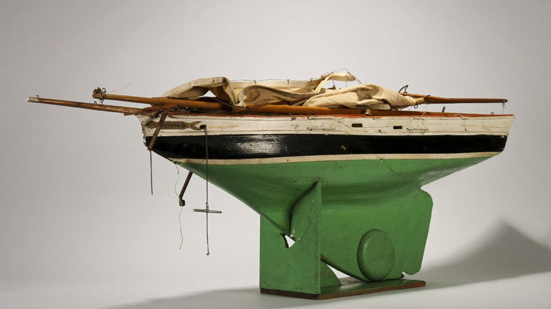 Double Masted Flying D - Toy 54" Sail Pond Boat: Large Antique Double Mast Flying-D Toy Pond Boat. The large pond boat has two masts which are now not assembled. The rigging is missing as well. There is general repair and damage. The boat measures 5