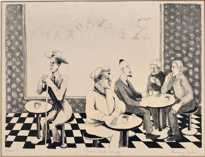 Benny Andrews (American, 1930-2006) NY Cafe signed Lithograph Print: Benny Andrews (American,1930-2006) NY Cafe Print. Title - New York Cafe. 1966 Lithograph. Signed along the bottom, 9/250, New York Cafe, Benny Andrews in pencil. Tape hinged at the top, not glued down