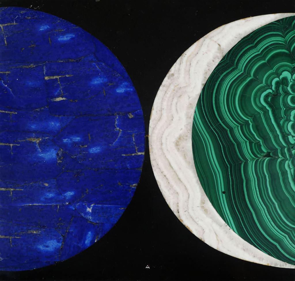 Richard Blow (American, 1904-1983) Montici Pietra Dura - Moon Phase: Richard Blow (American, 1904-1983) Montici Pietra Dura Plaque. Title - Phases of the Moon. Hand-cut stone pietra dura inlaid mid-century modern plaque executed in 1970 by Richard Blow for his Atelier