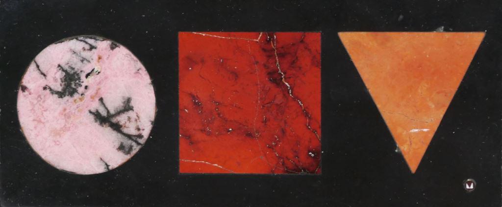 Richard Blow (Amer, 1904-1983) Montici Pietra Dura - 1960's Geometric: Richard Blow (American, 1904-1983) Montici Pietra Dura Plaque. Title - Triangle, Square, Circle. Hand-cut Italian stone pietra dura inlaid mid-century modern plaque executed in the 1960â€™s by Ri