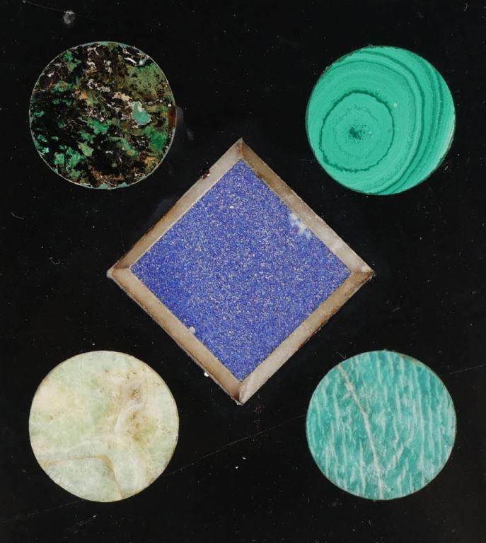 Richard Blow (American, 1904-1983) Montici Pietra Dura 1969 Plaque: Richard Blow (American, 1904-1983) Montici Pietra Dura Plaque. Title - Four Circles and a Diamond. Hand-cut Italian stone pietra dura inlaid mid-century modern plaque executed in the 1960â€™s by