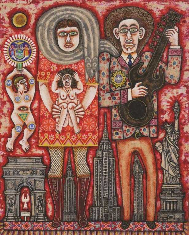 Rex Clawson (American, 1929-2007) Oil Enamel Painting: Rex Clawson (American,1929-2007) Painting. Title - Man, Woman and Child. Oil and enamel on masonite painting. Signed lower right 1970, Clawson. Painting measures 25.5 inches high, 21.5 inches wide. Fr