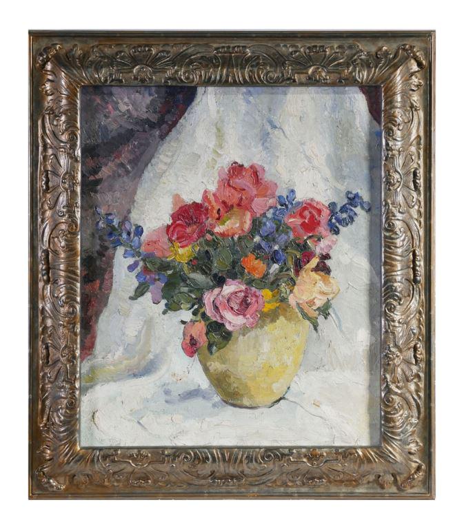 Lucy Harwood (British, 1893-1972) Oil Painting: Lucy Harwood (British, 1893-1972) Painting. Title - Colorful Floral Still Life. Oil on canvas painting. Unsigned. Labeled on the back of the frame, Lucy Harwood - Cat No. 7. Painting measures 20.2 inc