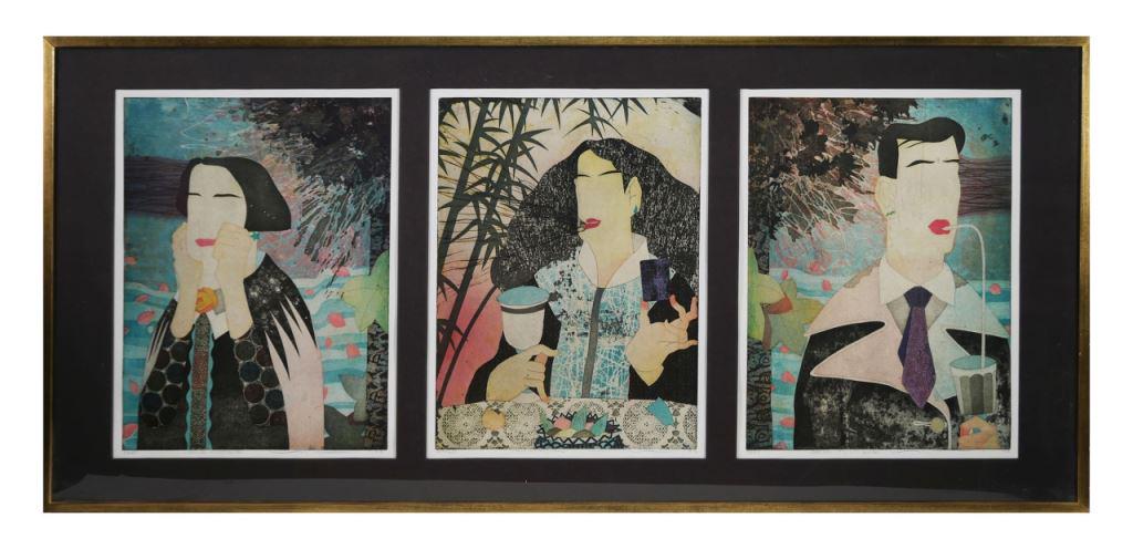 Yuji Hiratsuka (Japanese, 1954-) Etching Mezzotint Triptych Prints: Yuji Hiratsuka (Japanese, 1954 - ) Etching Mezzotint Print. Original hand colored intaglio triptych print set. Each of the three prints are titled as follows - Smile Mystique edition size 58/60, Tempt