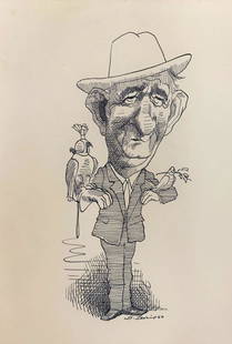 David Levine (American, 1926-2009) Drawing of LBJ - Pen & Ink: David Levine (American, 1926-2009) Drawing. Title - Lyndon B Johnson with Hawk and Dove. Political caricature Pen and ink on paper drawing of LBJ. Signed lower right D. Levine 60. Included with this l