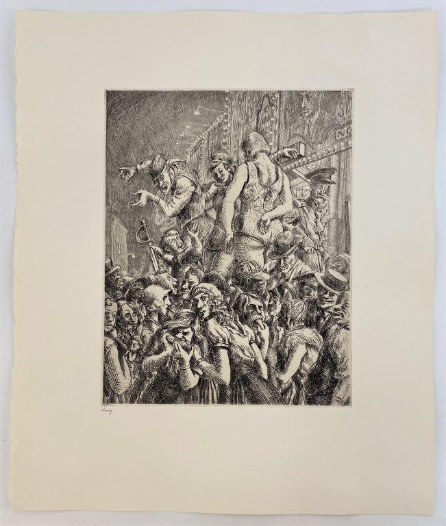 Reginald Marsh (1898-1954) The Barker - Original Etching Print: Reginald Marsh (American, 1898-1954) Print. Title - The Barker. Original etching print. Sasowsky 115. Signed in plate lower right, Marsh 1931. Signed proof in pencil lower left. Each Whitney Museum pr