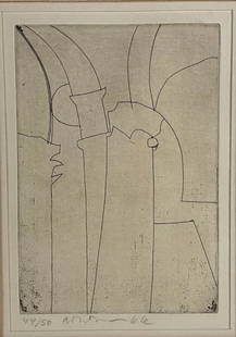 Ben Nicholson (1894-1982) Urbino - 1966 Etching Print: Ben Nicholson (British,1894-1982) Print. Title - Urbino. Original etching print Urbino III 1965/1966. Etching. Signed and dated 66, also signed with edition 44/50. Impression measures 8.4 inches high,