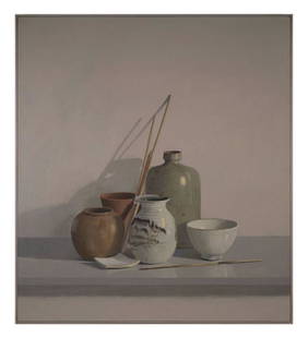 Peter Plamondon (American, 1944-) Realist Oil Painting: Peter Plamondon (American,1944- ) Painting. Title - Asian Pottery Still Life. Oil on canvas well executed modern realist painting. Signed on the reverse top of stretcher Peter Plamondon 2000. Painting