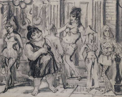 Philip Reisman (Polish-American, 1904-1992) Drawing: Philip Reisman (Polish - American, 1904-1992) Pen and Ink Drawing. Title - Les Girls. Original charcoal and pen and ink Social Realist drawing of New York City street life. Signed lower right Phillip