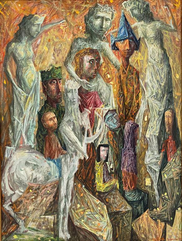 Mitchell Siporin (Am.1910-1876) Oil Painting 1947: Mitchell Siporin (American, 1910-1876) Painting. Title - Around the Fountain 1947. Casein painting on artist's board. Signed lower right Mitchell Siporin. Retains multiple museum loan labels on the ba