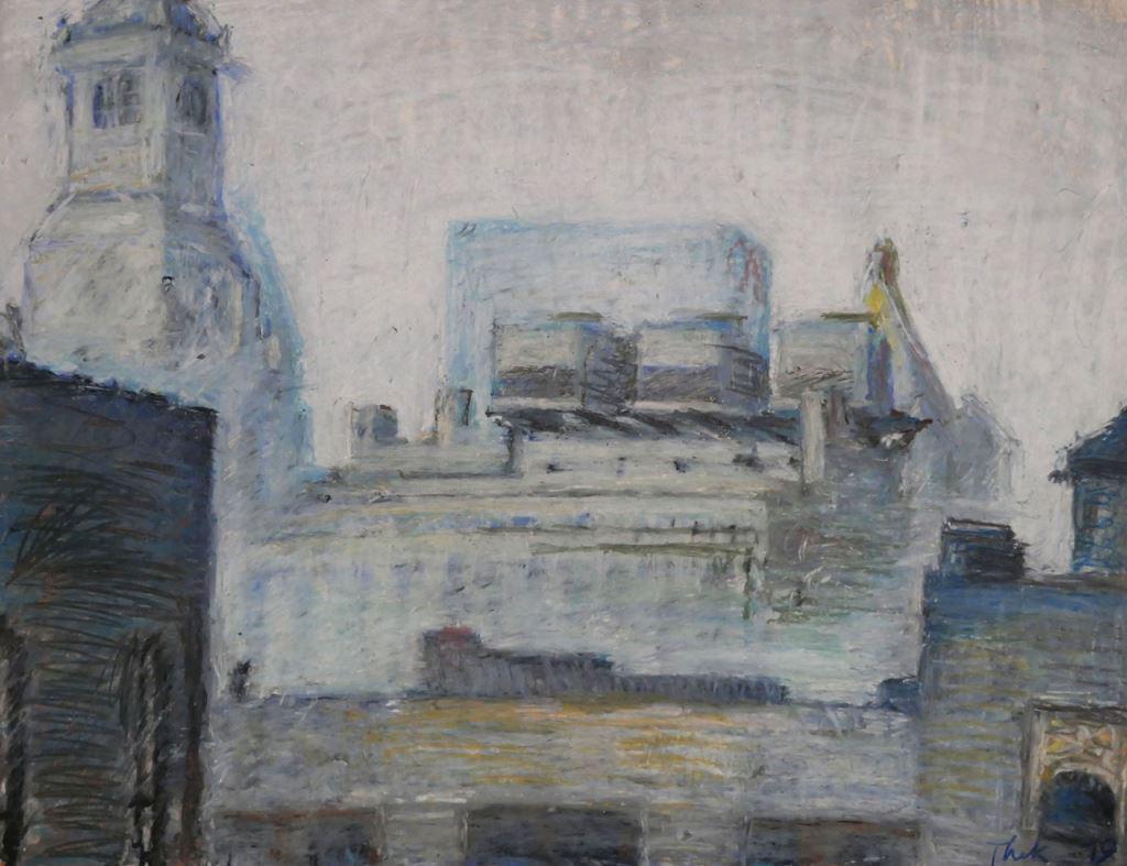 Paul Thek (American, 1933-1988) Cityscape Painting: Paul Thek (American, 1933-1988) Painting. Title - Cityscape with Rooftops. Watercolor and gouache painting on paper. Signed lower right Thek â€˜79. Sight size of the painting measures 16.7 inches