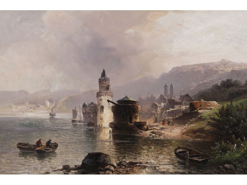 H. FRIESEN "Shore Scene" o/c Oil Painting: H. FRIESEN "Shore Scene" painting. Oil on canvas. Signed lower right "L. Friesen". Has original Johann Welz frame label on back. Has been relined and has a repaired tear that goes through the steeple.