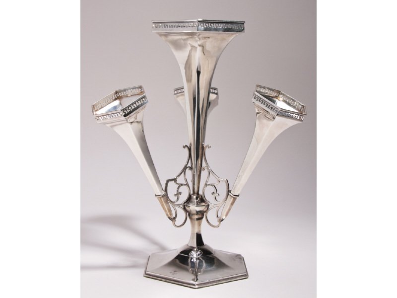 English Birmingham 1914 Sterling Trumpet Epergne: English Birmingham 1914 Sterling Silver Trumpet Vase or Epergne. Consists of 4 trumpets, three of which are removable. Hallmarked for Birmingham 1914. Also has a mark for Fattorini & Sons; an English 