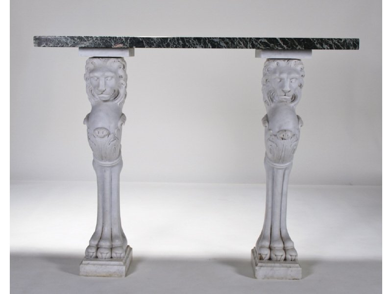 Venetian Italian Carve Marble Lion Pedestal Table: Venetian Carved Marble Lion Pedestal Console Table. The green marble top is mounted on top of two lion head pedestals with single claw foot. The lions head pedestals terminate at both ends in rectangu