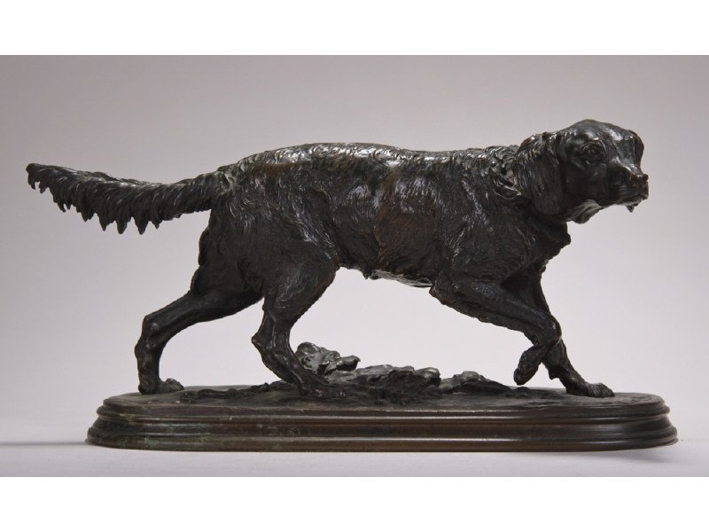 PIERRE JULES MENE 19C Bronze Setter Sculpture: PIERRE JULES MENE (France, 1810-1879) "Setter" 19th Century Bronze Setter Sculpture. The Pierre Jules Mene bronze of a setter on point is standing on a naturalistic oval plinth has a rich brown patina