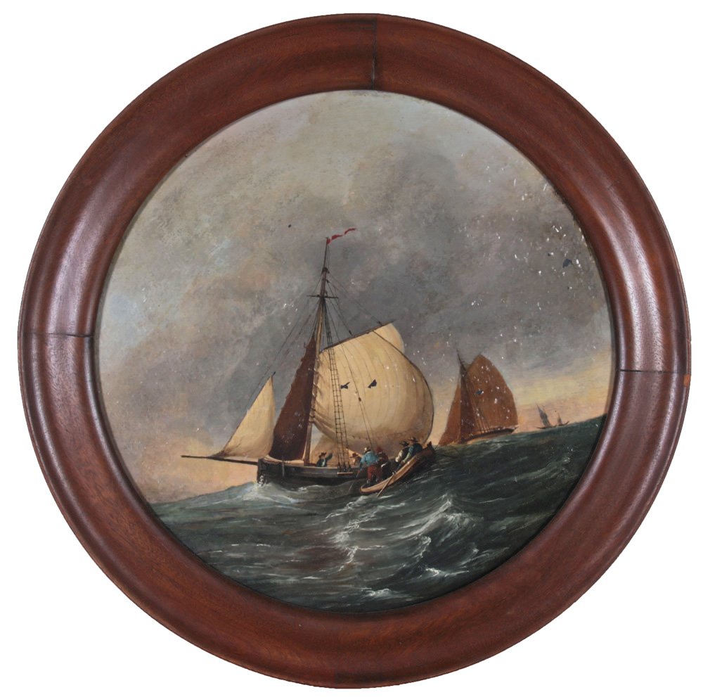 "Coming Aboard" 19C Round Oil Painting on Tin: "Coming Aboard" 19th Century round oil painting on tin. The painting has retouch and paint distress (flaking and bubbling). Frame measures 22 ½" in diameter. Measures 18" x 18".