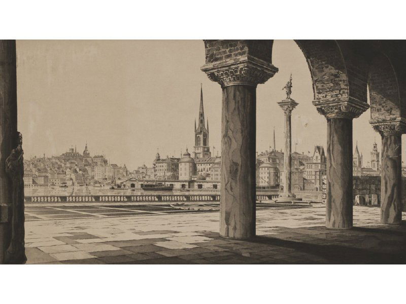 JOHN TAYLOR ARMS (American, 1887-1953) Etching: JOHN TAYLOR ARMS (American, 1887-1953) "Stockholm". Etching. Signed lower right in pencil John Taylor Arms 1940. Titled on the lower left to Barbara Price from Dorothy and John Taylor Arms 1941. In go