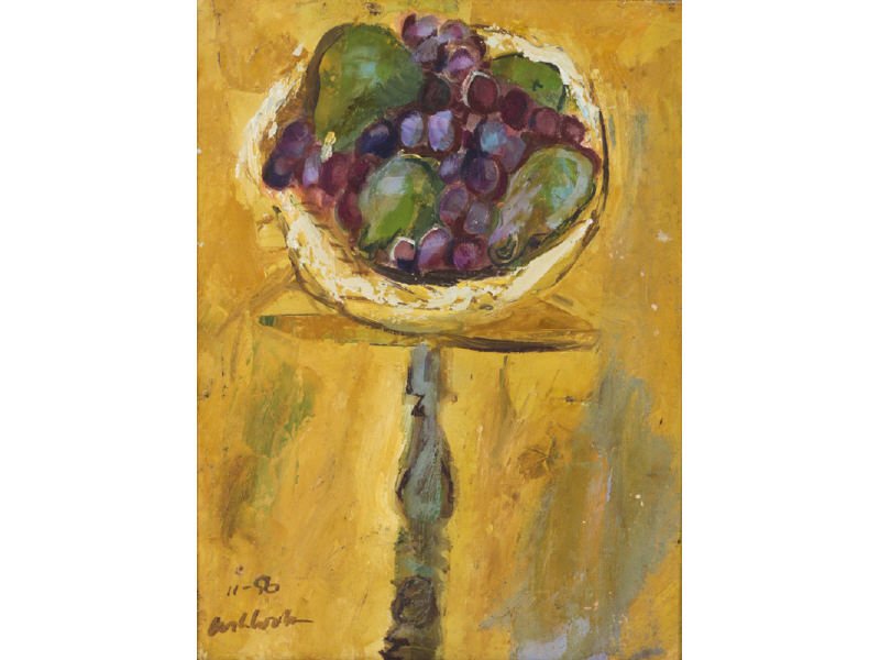 REX J. ASHLOCK (American 1918-1999) Oil Painting: REX JESSE ASHLOCK (American, 1918-1999) Still Life with Fruit. Oil on artist board. Signed lower left 11-56 Ashlock. Good condition with small chip upper left edge and lower right foreground. Painting