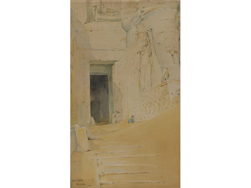 HENRY BACON American 1839-1912 Egyptian Sphinx Painting: HENRY BACON (American, 1839-1912) "Abou Simbel". Egyptian Sphinx Architecture Painting. Watercolor on tinted paper, laid down. Signed lower left Henry Bacon, Abou Simbel 1902. Good condition. Sheet me