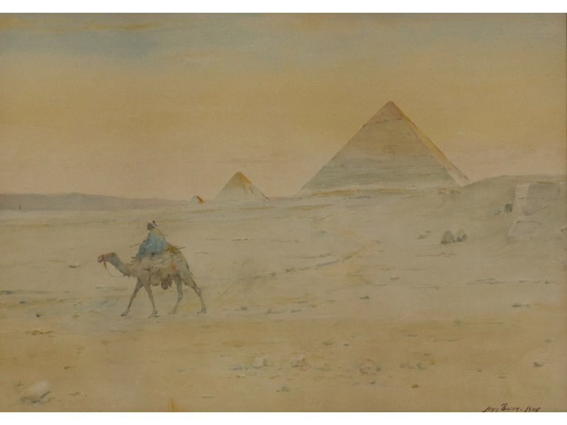 HENRY BACON(American, 1839-1912 Egypt Pyramids Painting: HENRY BACON (American, 1839-1912) Egyptian Pyramids Landscape Painting. Watercolor on tinted paper, laid down. Signed lower right Henry Bacon 1906. Good condition. Sheet measures 16 ½" x 22". Image m