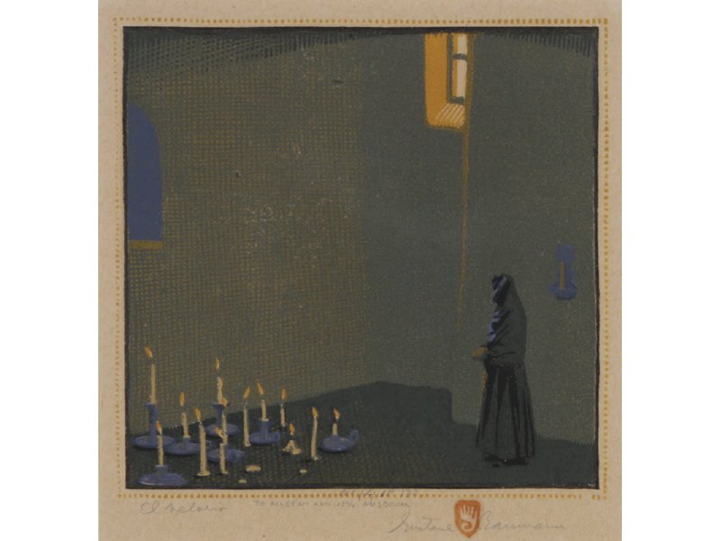 GUSTAVE BAUMANN (American 1881-1971) Woodblock Print: GUSTAVE BAUMANN (American, 1881-1971). "El Valorio" 1927. Color woodblock print. Signed edition in pencil: 14/120. Inscribed To Aileen and Jess Nusbaum -Gustave Baumann. In good condition. Image size: