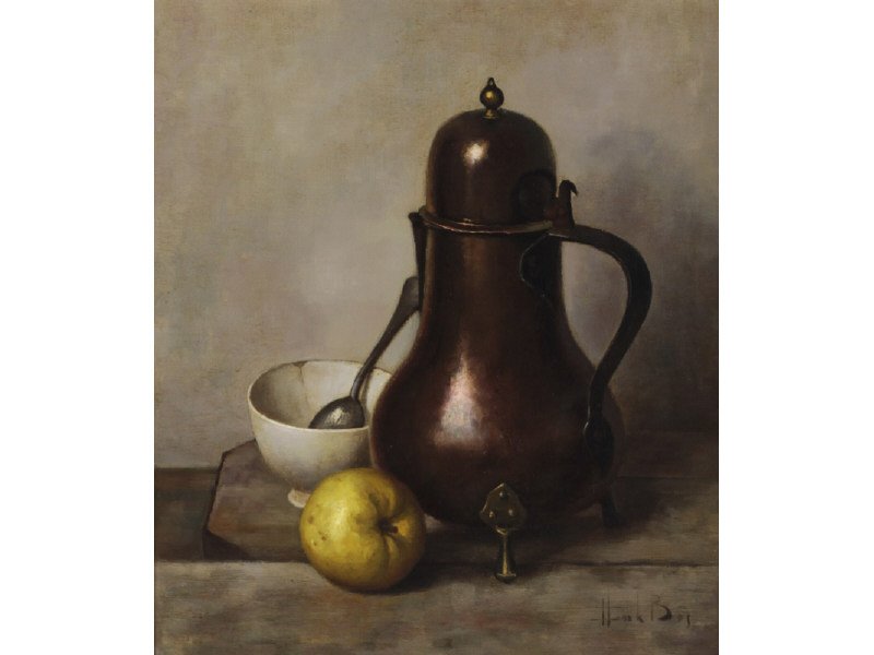 HENK BOS (Dutch, 1901-1979) Oil Painting: HENK BOS (Dutch, 1901-1979), Copper Kettle and Fruit - Still Life. Oil on linen. Good condition no damage or repairs. Painting 18" x 16". Frame 24 ½" x 22 ½". From the Mir Appraisal Services website