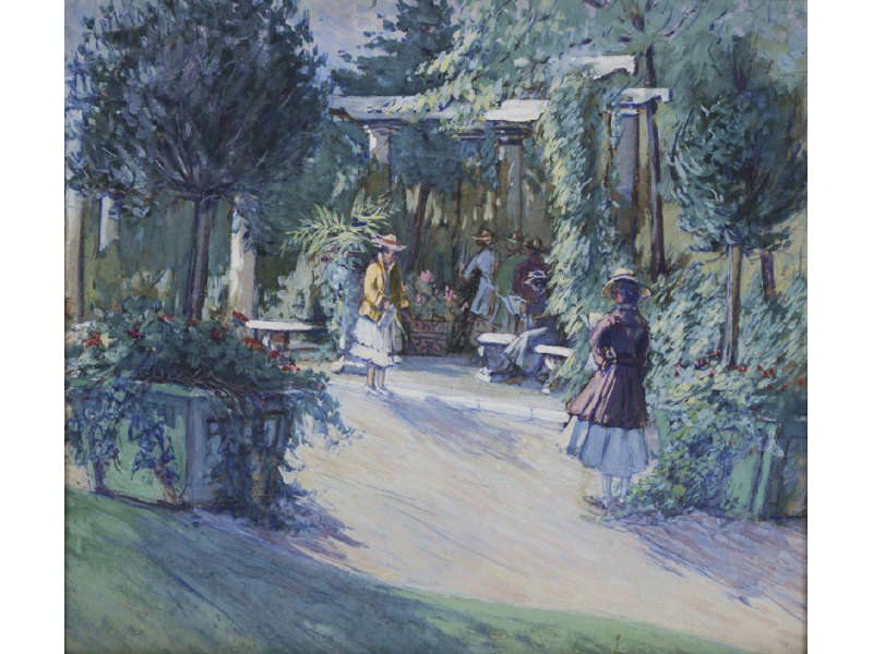 HARRIETTE BOWDOIN (American, 1880-1947) Estate Painting: HARRIETTE BOWDOIN (American, 1880-1947) "The Promenade". Gouache on paper impressionist landscape painting. Unsigned with estate stamp, FROM THE ESTATE OF HARRIETTE BOWDIN 1947. Good condition; three