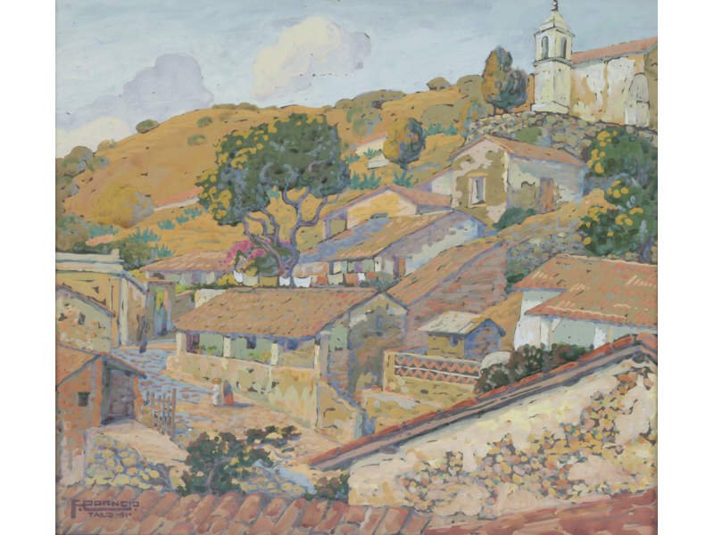 FRANCISCO CORNEJO (Mexican/American 1892-1963): FRANCISCO CORNEJO (Mexican/American, 1892-1963) "TAXCO". Tempera on artist board. Signed lower left F. CORNEJO TAXCO - 31. Good condition. Landscape painting measures 16" x 17 ½". Frame measures 18 �
