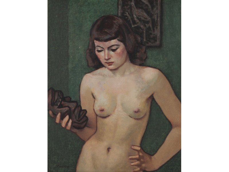 RUSSELL COWLES (American 20th C) Oil Painting: RUSSELL COWLES (American 20th C). "Dancer With Mask". Oil on canvas mounted on artist board. Signed Cowles lower left. Good condition, no damage or repairs, two small abrasions background upper left.