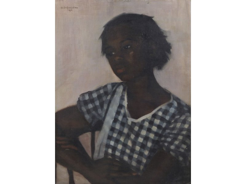 ANN B. GOODMAN (American, 1896-1988) Oil Painting: ANN BEDFORD GOODMAN (American, 1896-1988) "Pearline". Oil on linen mounted on artist board. Signed upper left Ann Bedford Goodman 1934. Good condition; small ¼"chip missing left forearm, small scratc