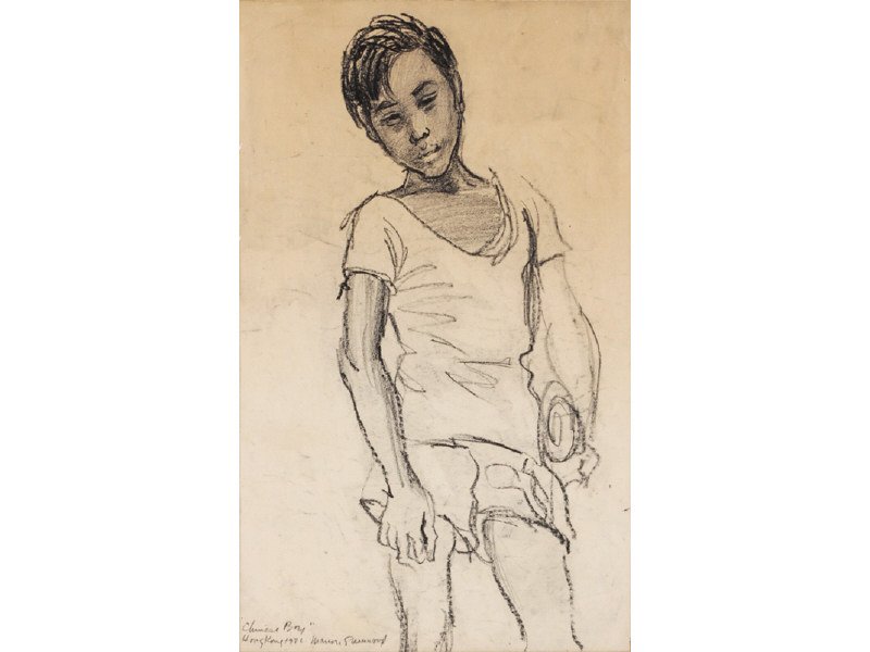 MARION GREENWOOD (American, 1909-1970) Drawing: MARION GREENWOOD (American, 1909-1970). "Chinese Boy". Charcoal on paper. Signed "Chinese Boy" Hong Kong 1946 Marion Greenwood. Good condition. Image measures 10 ½" x 17 ¼". Frame measures 24 ½" x 