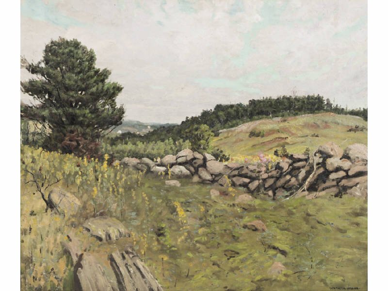 Whitney M. HUBBARD (American, 1875-1965) Painting: WHITNEY MYRON HUBBARD (American, 1875-1965) The Old Stone Fence. Oil on linen. Signed lower right Whitney M. Hubbard. Good. One pencil-point size puncture left foreground. Reverse has an estate stamp 