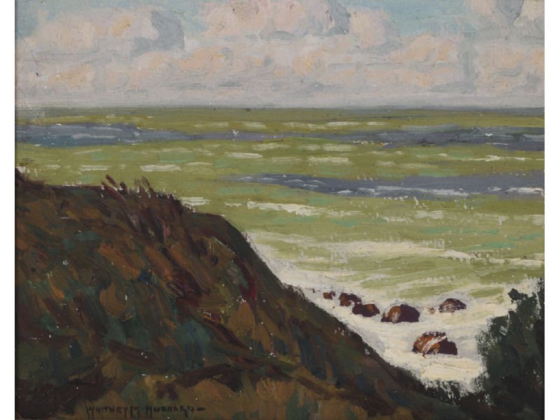 WHITNEY HUBBARD (1875-1965) Long Island Painting: WHITNEY MYRON HUBBARD (American, 1875-1965) Long Island Sound Bluff. Oil on artist board. Signed lower left WHITNEY M. HUBBARD. Good condition with light inpainting upper left. Painting measures 8" x 