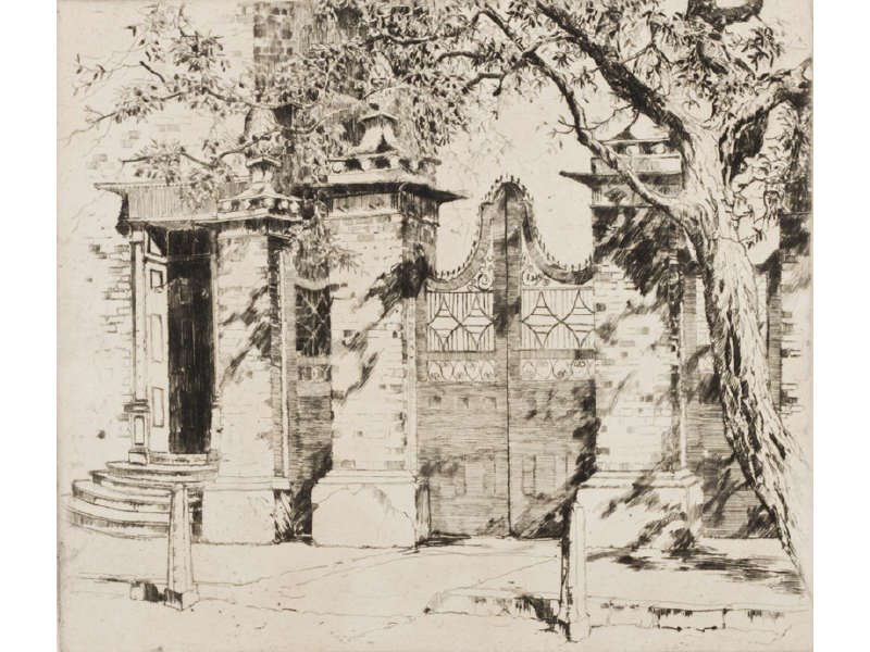 ALFRED HUTTY Amer. 1877-1954 Charleston Etching: ALFRED HUTTY American 1877-1954 Smyth Gate Charleston 1927. Etching with dry-point. Signed lower right Alfred Hutty with monogram. Good condition not laid down; taped on four edges with brown tape. Sh