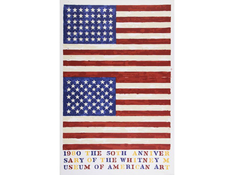 JASPER JOHNS 1980 American Flags Poster: JASPER JOHNS Poster (American, b.1930-) Flags. "1980 The 50th Anniversary of the Whitney Museum of Modern Art". Good condition with small crimp lower right corner. Lower right: Poster: Jasper Johns co