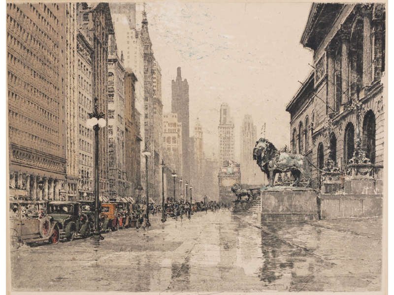 LUIGI KASIMIR (Austrian 1881-1961) Chicago Etching: LUIGI KASIMIR (Austrian, 1881-1961) Chicago, Michigan Avenue". Print etching with with aquatint printed in colors. Signed in pencil on wove paper, with full margins. In good condition. Image size 14" 