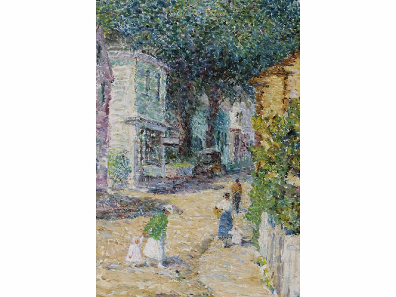 MARY N. MacCORD (American NY, 1864-1955) Painting: MARY N. MacCORD (American, NY, 1864-1955) Village Scene. Oil on linen. Signed lower left Mary Nicholena MacCord. Good condition no damage or repair. Label on back reads "This belongs to Anne Wright Ba
