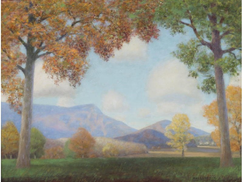 LAWRENCE MAZZANOVICH (American, 1872-1946): LAWRENCE MAZZANOVICH (American, 1872-1946) "Mountains Early Autumn". Oil on artist board. Signed lower right MAZZANOVICH. Inscription on reverse, "To dear Mary with assurance that the best is looming