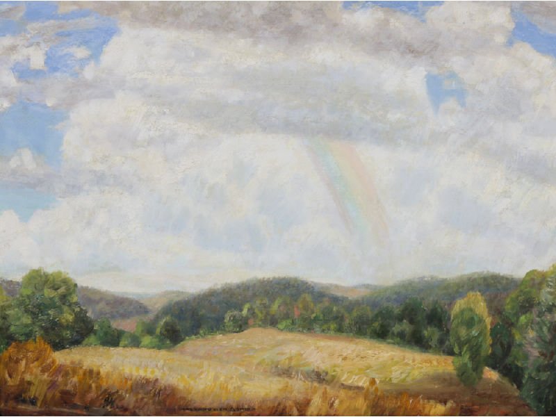 LAWRENCE MAZZANOVICH (American1872-1946) Painting: LAWRENCE MAZZANOVICH (American, 1872-1946) Mountain Rainbow. Oil on wood panel. Signed lower middle MAZZANOVICH (TRIANGLE SYMBOL) SHARP. Good condition with some light inpainting. Hand written in penc