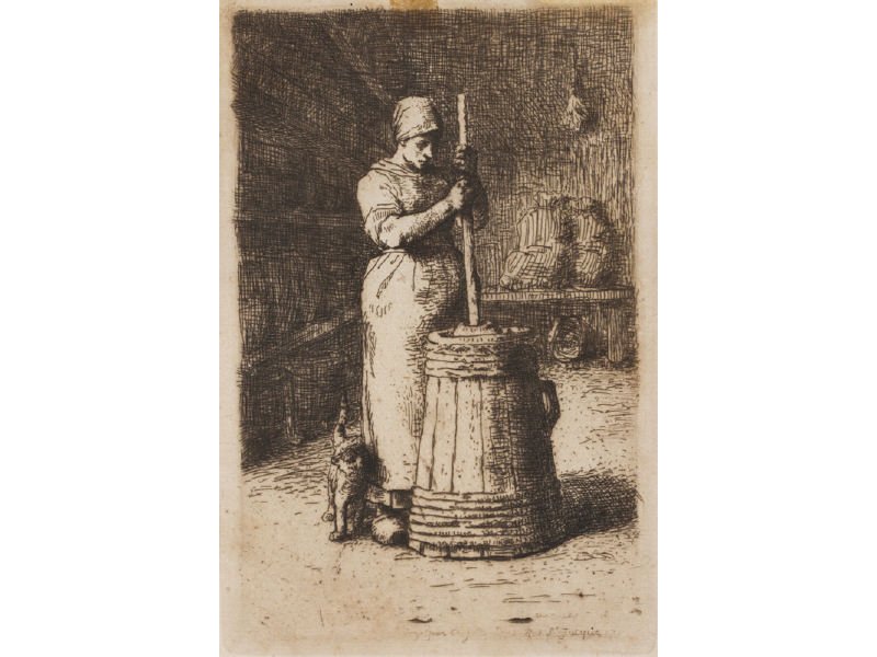 JEAN FRANCOIS MILLET (French, 1814-1875) Print: JEAN FRANCOIS MILLET (French, 1814-1875) "The Churner". Etching. Cellophane tape residue on the top and toning with light foxing. Inventory stamp on back that matches the label. Includes the Vincent P
