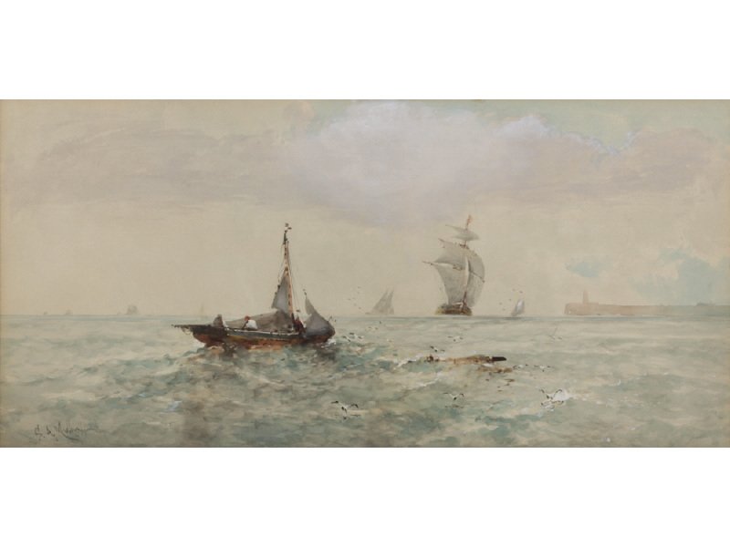 SIDNEY A. MULHOLLAND (British1839-1910) Painting: SIDNEY A. MULHOLLAND (British, 1839-1910) Dutch Fishing Boats off Coast. Watercolor. Signed lower left S.A. Mulholland. Good condition. Painting measures 11 ¼" x 23". Frame measures 20" x 32". From t