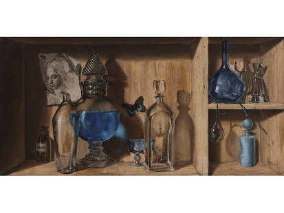 FRANK NOSOFF (American, 1919-1996) Painting: FRANK NOSOFF (American, 1919-1996). Trompe l'oeil Modern Still life. Oil on masonite. Signed lower right NoSoff. Good condition. Painting measures 20" x 40". Frame measures 21" x 41".